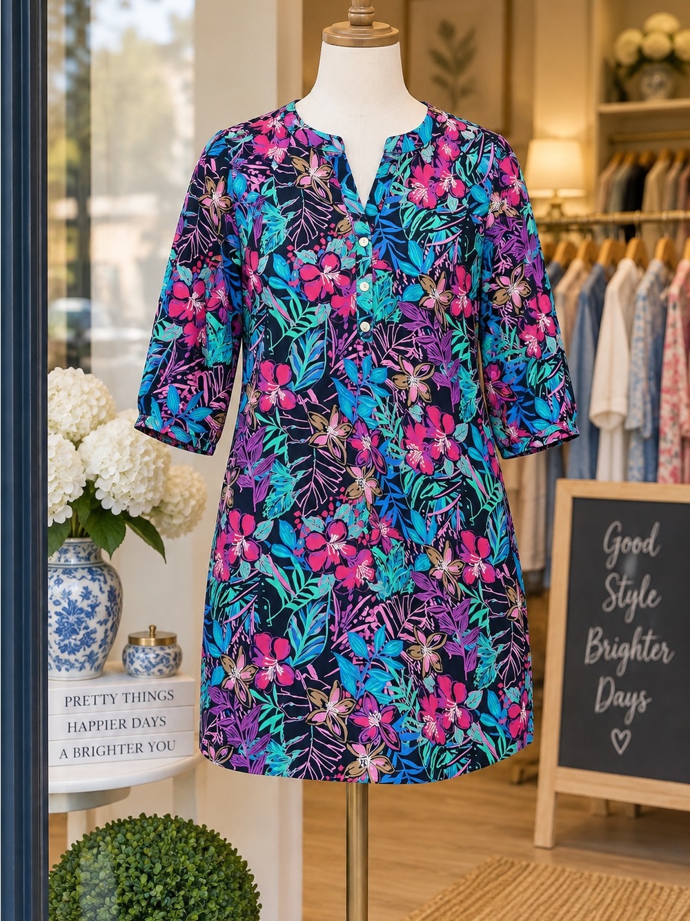 Pappagallo Black Floral Mini Dress with Pink, Teal & Blue Print